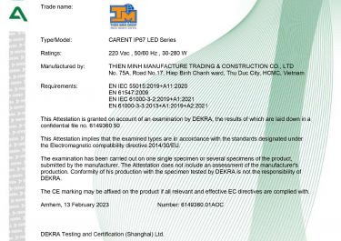 CHỨNG NHẬN CE - ĐÈN CARENT IP 67 LED