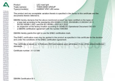 CHỨNG NHẬN ENEC - ĐÈN CARENT IP 67 LED