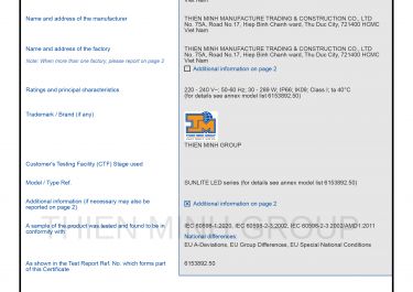 CHỨNG NHẬN IEC CB - ĐÈN SUNLITE LED