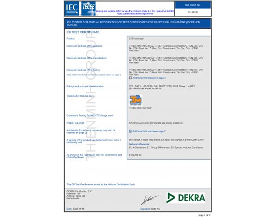 CHỨNG NHẬN IEC CB - ĐÈN CARINA LED