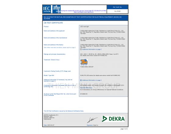 CHỨNG NHẬN IEC CB - ĐÈN SUNLITE LED